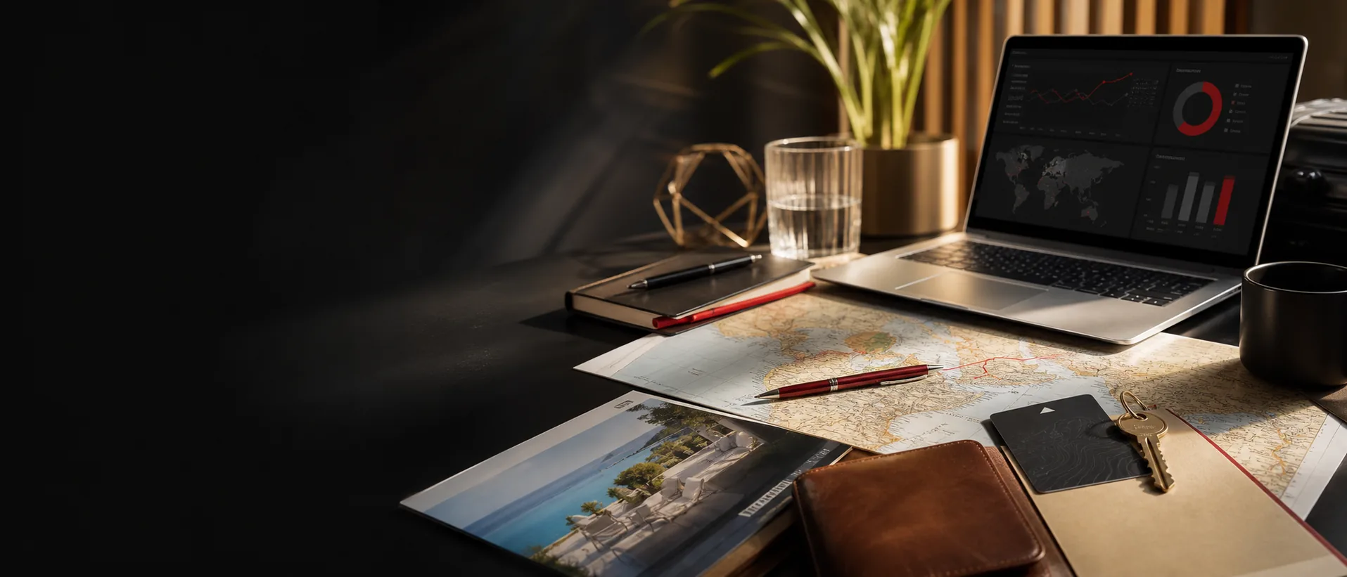 Travel marketing strategy workspace with analytics and hospitality materials