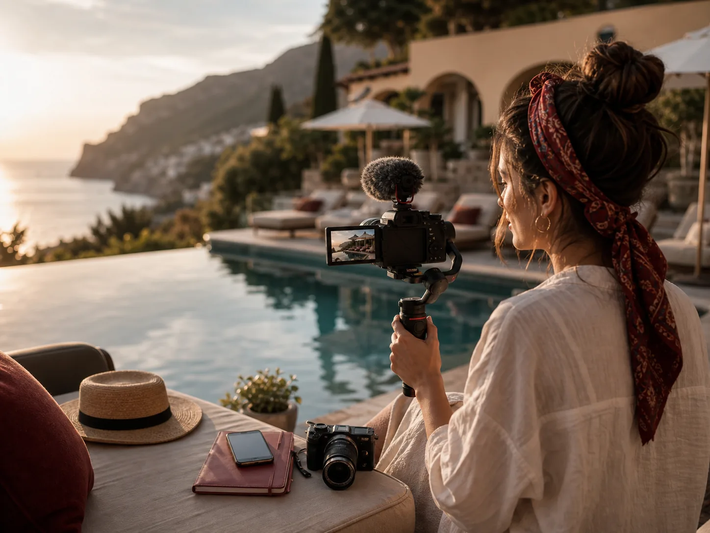 Travel content creator filming a destination